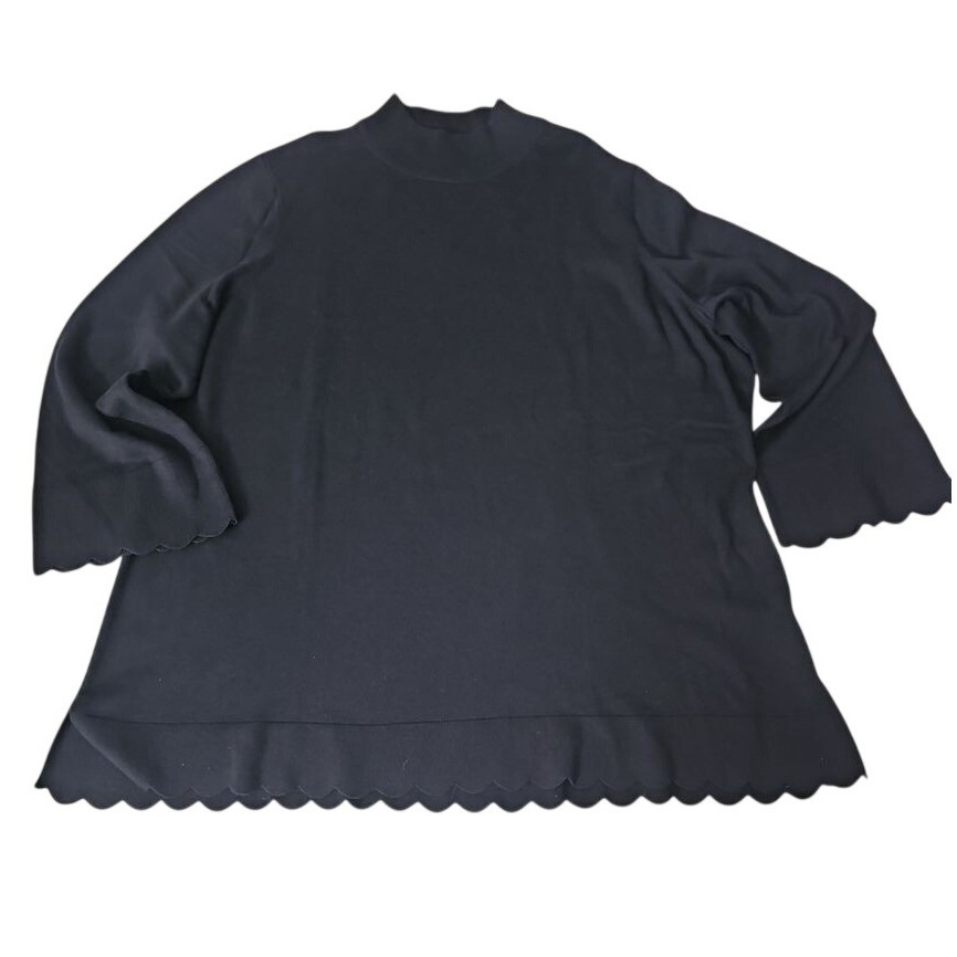 Isaac Mizrahi Black Ribbed Knit Mock Neck Top With Scalloped Edge 2x